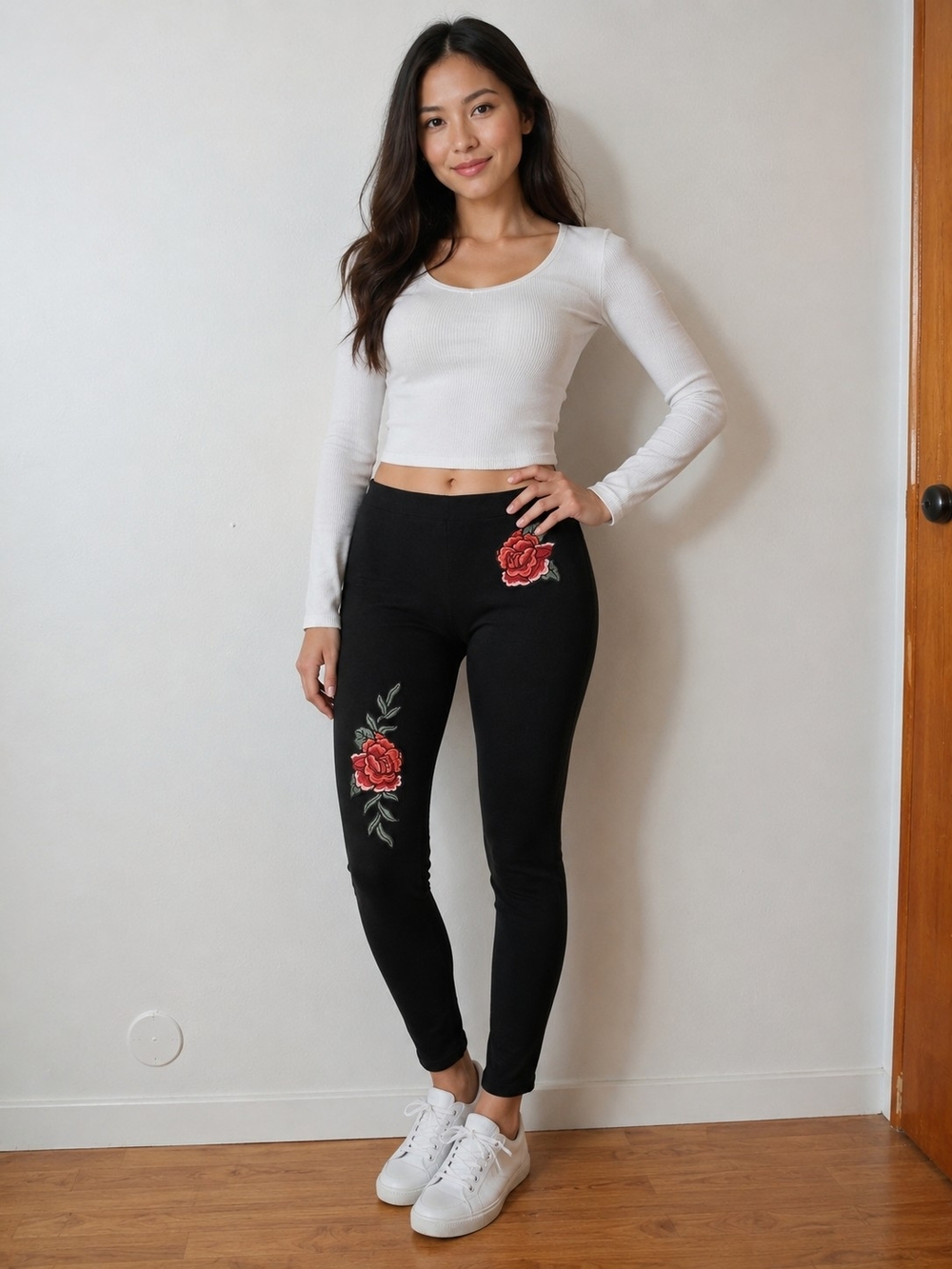 Streetwear Society Black Leggings with Red Rose Embroidery